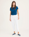 Front view of model wearing Lucent White Women's Slim Fit Weekend Chino Pants.
