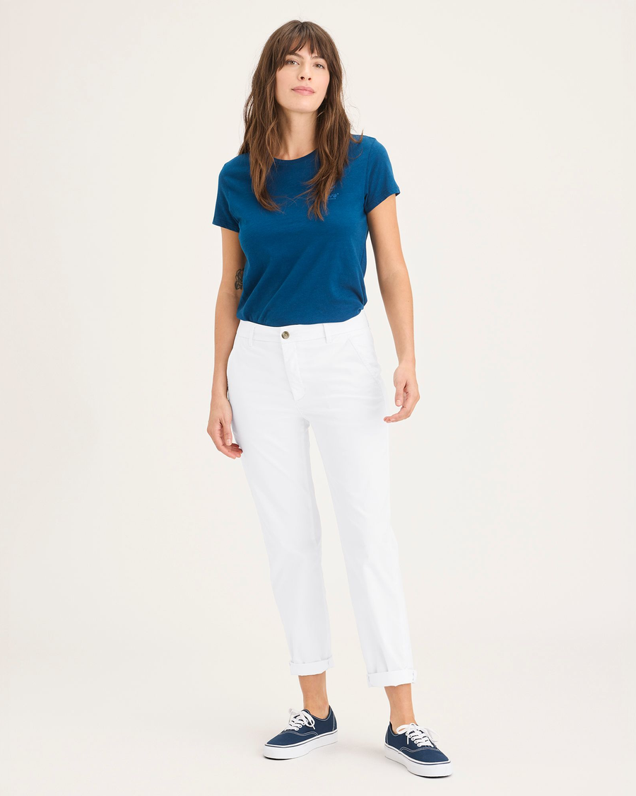 Front view of model wearing Lucent White Women's Slim Fit Weekend Chino Pants.