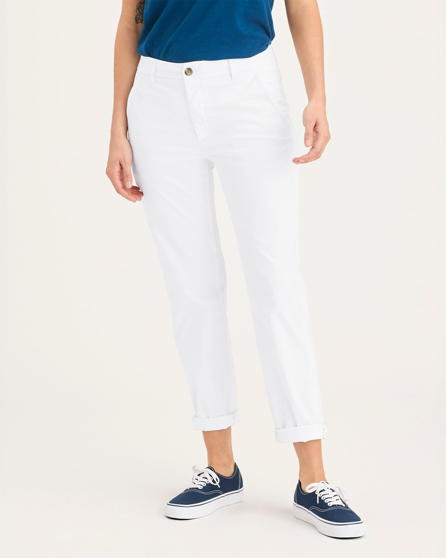 Front view of model wearing Lucent White Women's Slim Fit Weekend Chino Pants.