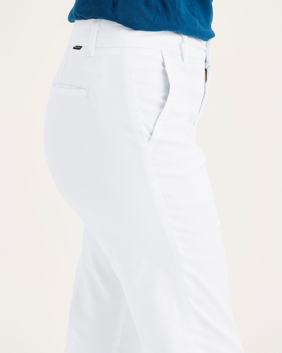 Side view of model wearing Lucent White Women's Slim Fit Weekend Chino Pants.