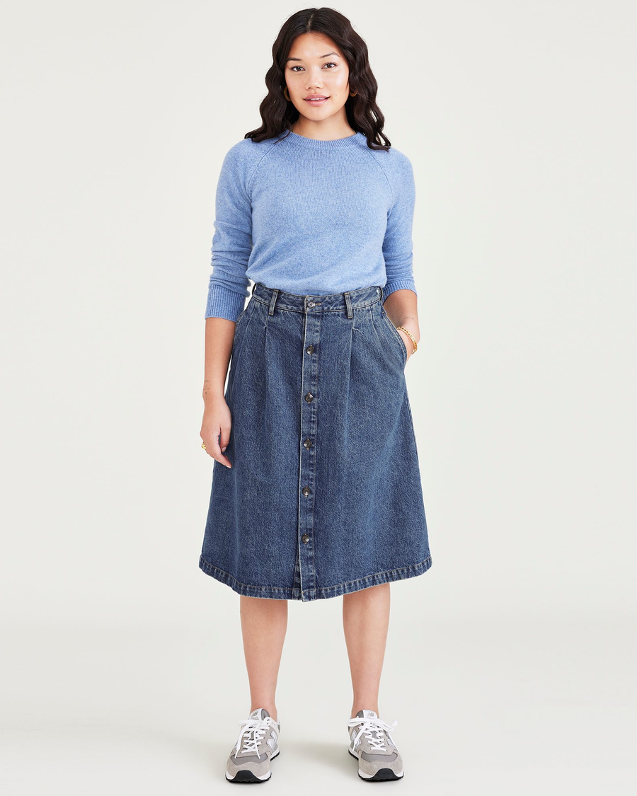 Front view of model wearing Medium Indigo Stonewash Women's Midi Skirt.