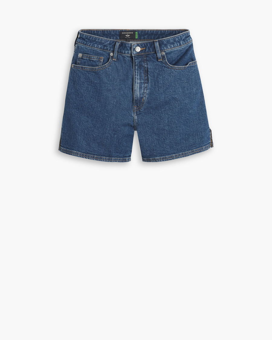 View of model wearing Medium Wash Women's  High-Rise Shorts.