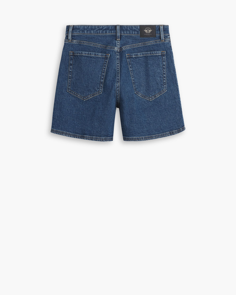 View of model wearing Medium Wash Women's  High-Rise Shorts.