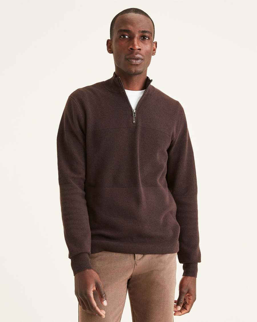 Front view of model wearing Mole Men's Regular Fit Quarter Zip Sweater.