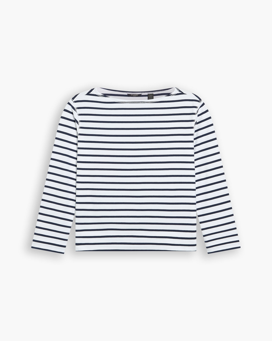 View of model wearing Navy Blazer Boatneck Tee, Regular Fit.