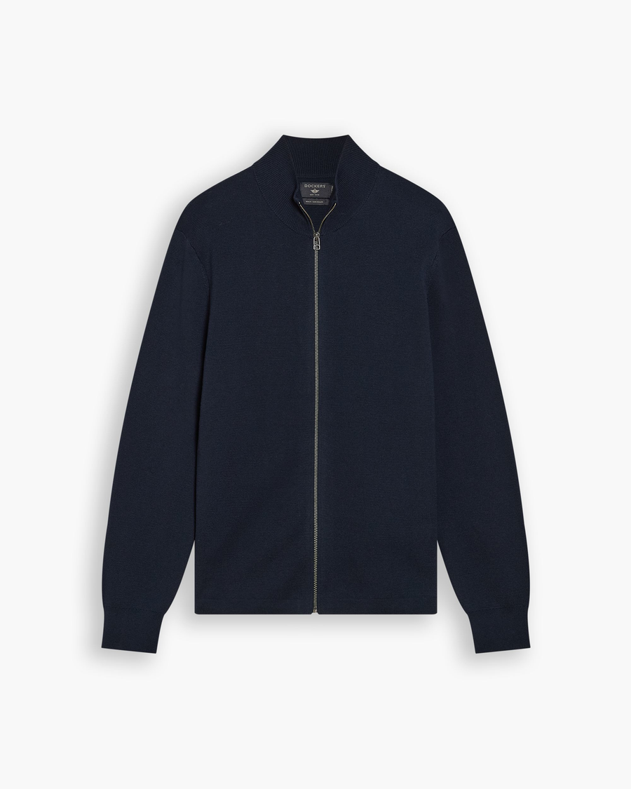 View of model wearing Navy Blazer Full-Zip Sweater, Regular Fit.