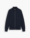 View of model wearing Navy Blazer Full-Zip Sweater, Regular Fit.
