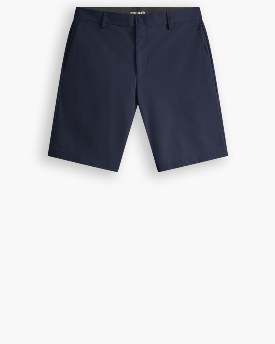View of model wearing Navy Blazer Go Airweave Short.