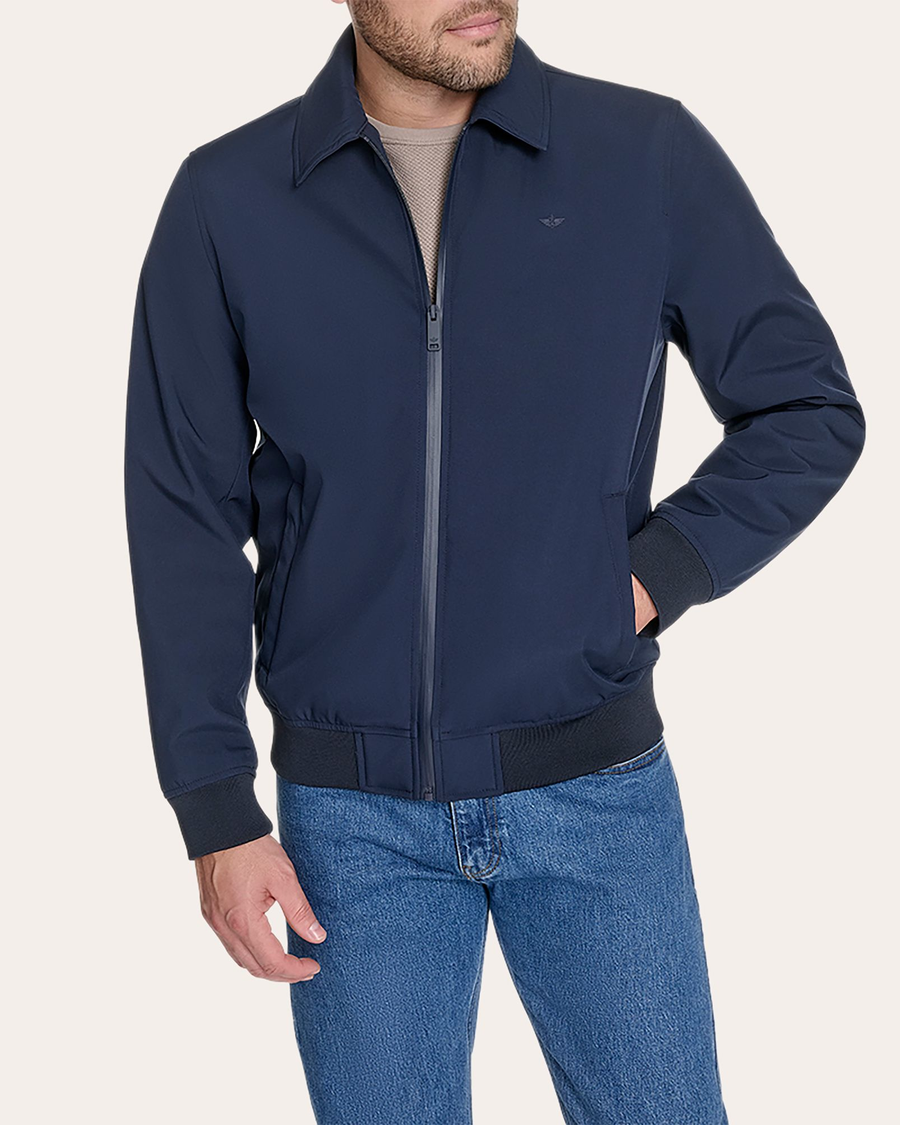 Front view of model wearing Navy Blazer Go Golf Bomber.
