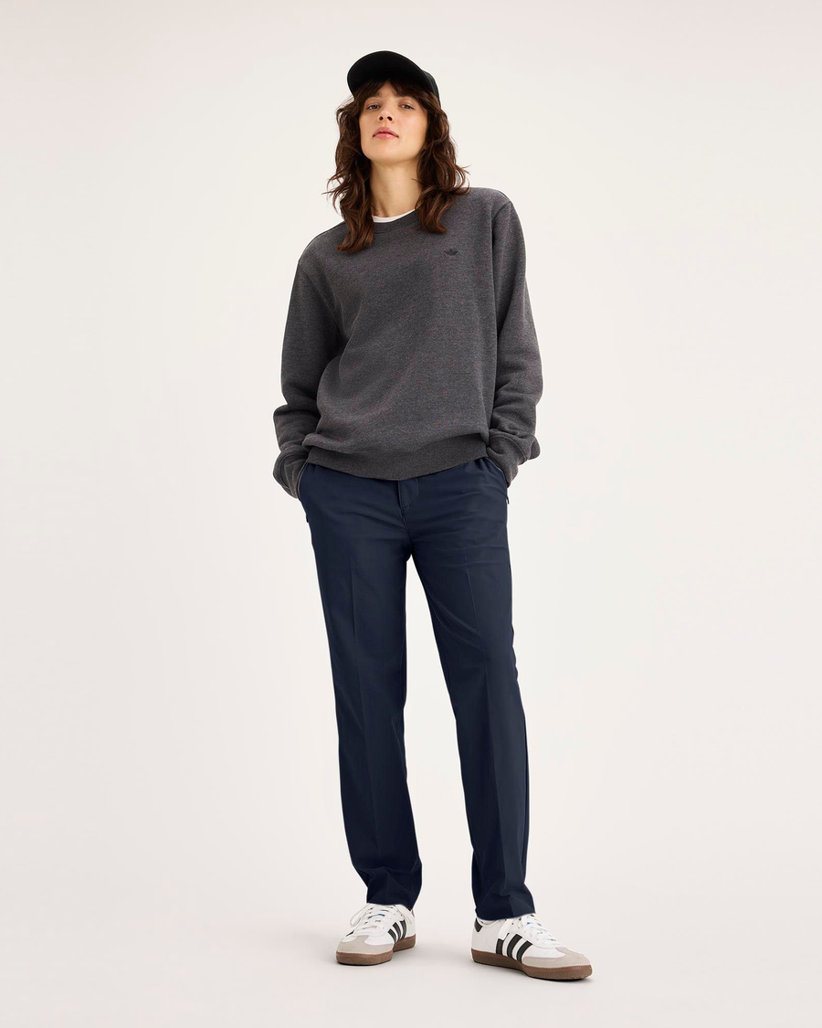 View of model wearing Navy Blazer Go Pant, Slim Fit with Airweave.