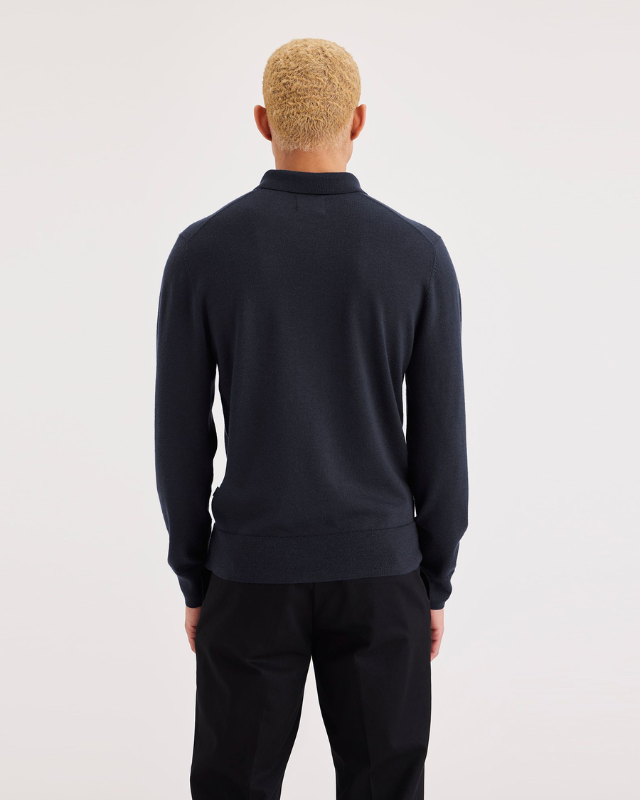 Back view of model wearing Navy Blazer Men's Regular Fit Polo Sweater.