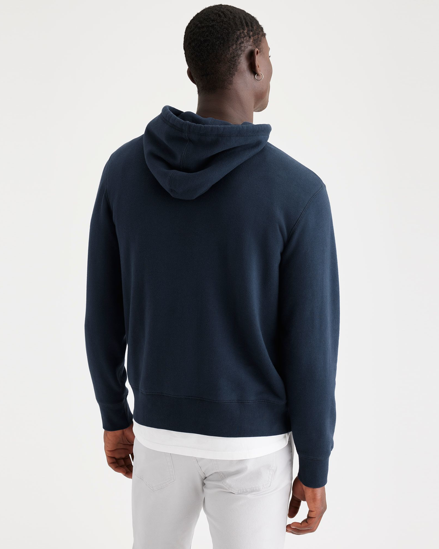 Back view of model wearing Navy Blazer Men's Regular Fit Popover Hoodie.