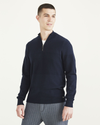 Front view of model wearing Navy Blazer Men's Regular Fit Quarter Zip Sweater.