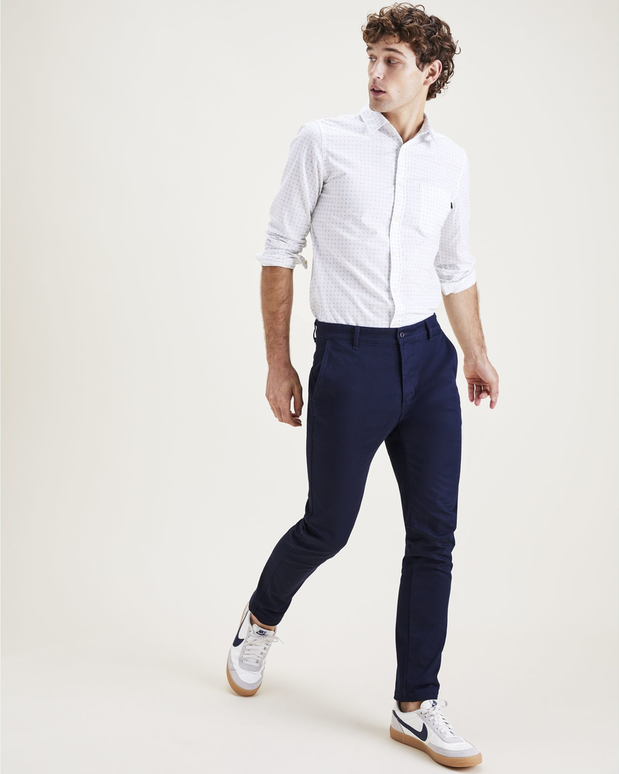 View of model wearing Navy Blazer Men's Skinny Fit Original Chino Pants.