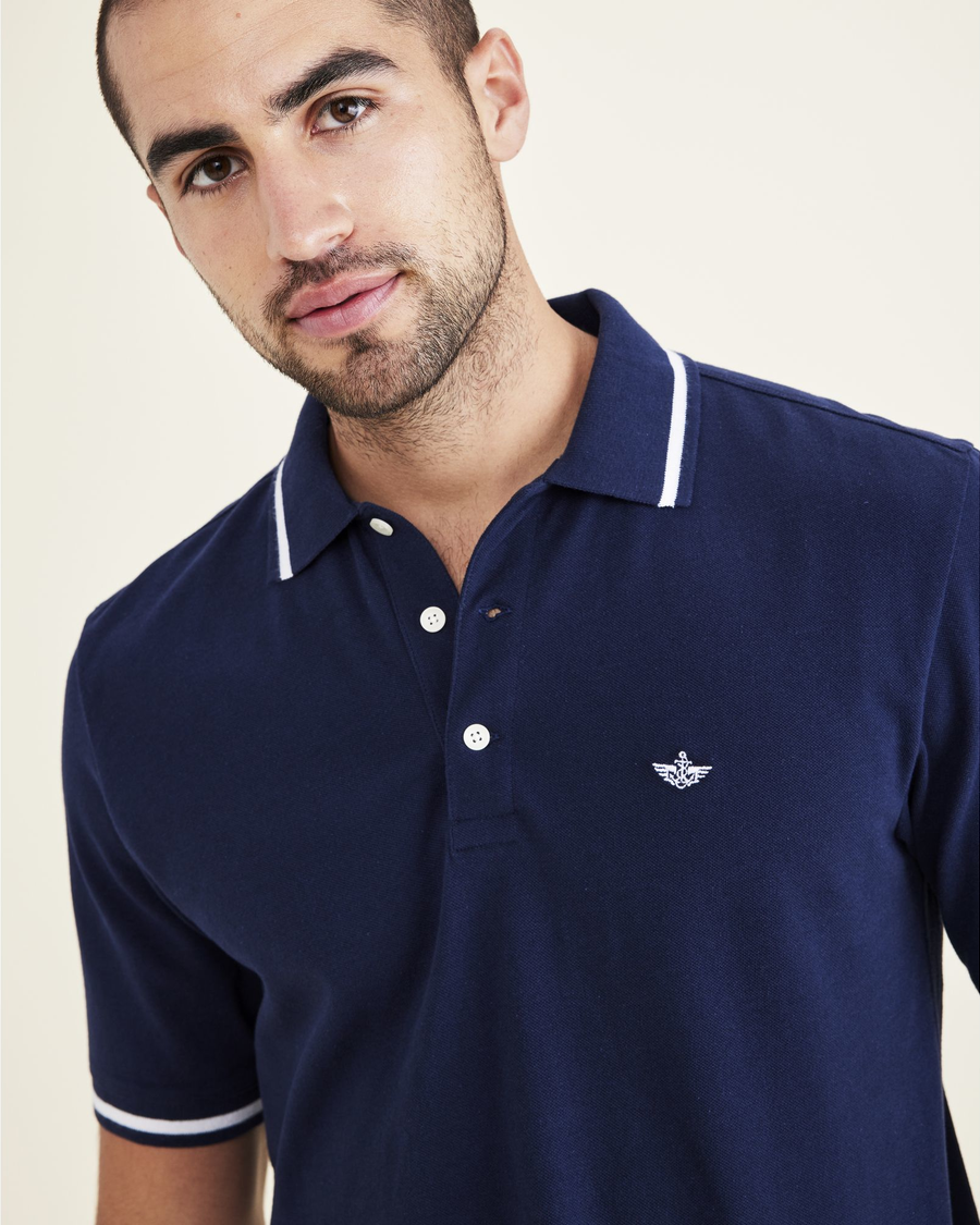 View of model wearing Navy Blazer Men's Slim Fit Original Polo.