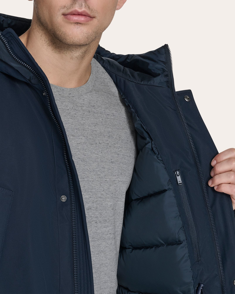 View of model wearing Navy Blazer Padded Parka.