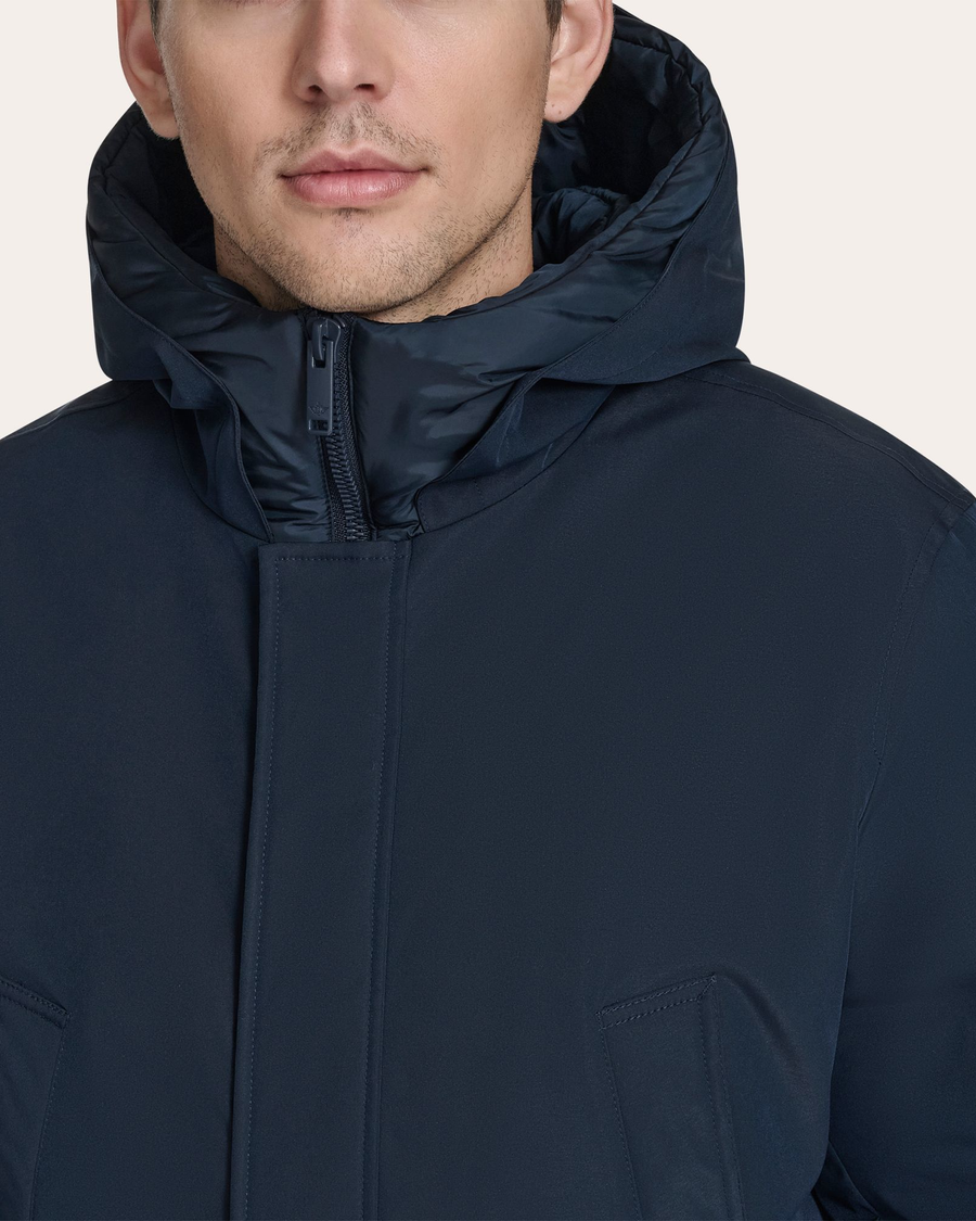 View of model wearing Navy Blazer Padded Parka.