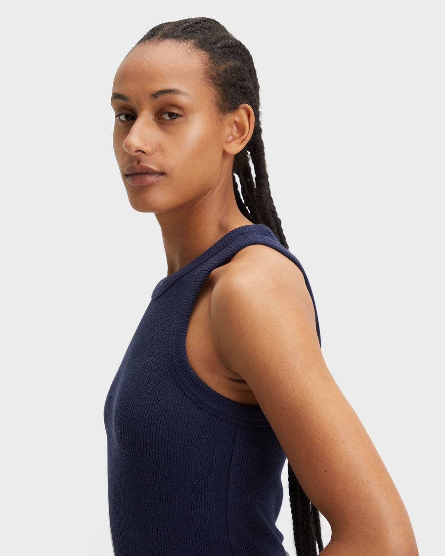 View of model wearing Navy Blazer Rib Tank with Lofi Knit, Slim Fit.