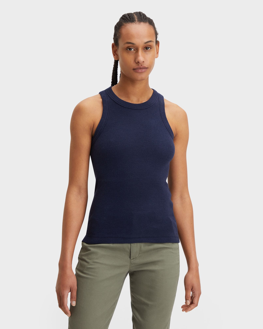 Front view of model wearing Navy Blazer Rib Tank with Lofi Knit, Slim Fit.