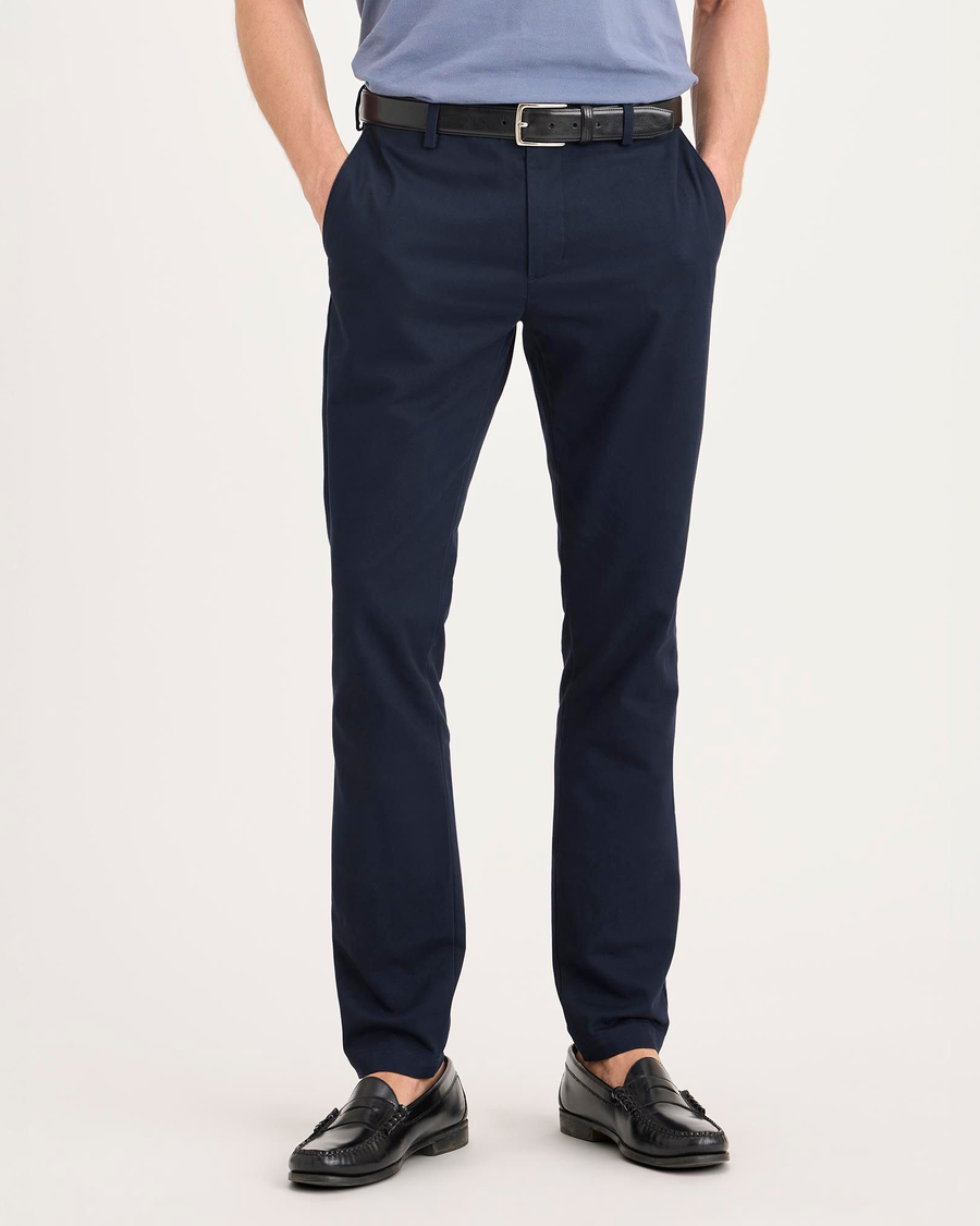 Front view of model wearing Navy Blazer Signature Iron Free Khakis, Skinny Fit with Stain Defender®.