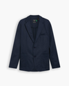 View of model wearing Navy Blazer Signature Refined Blazer, Regular Fit.