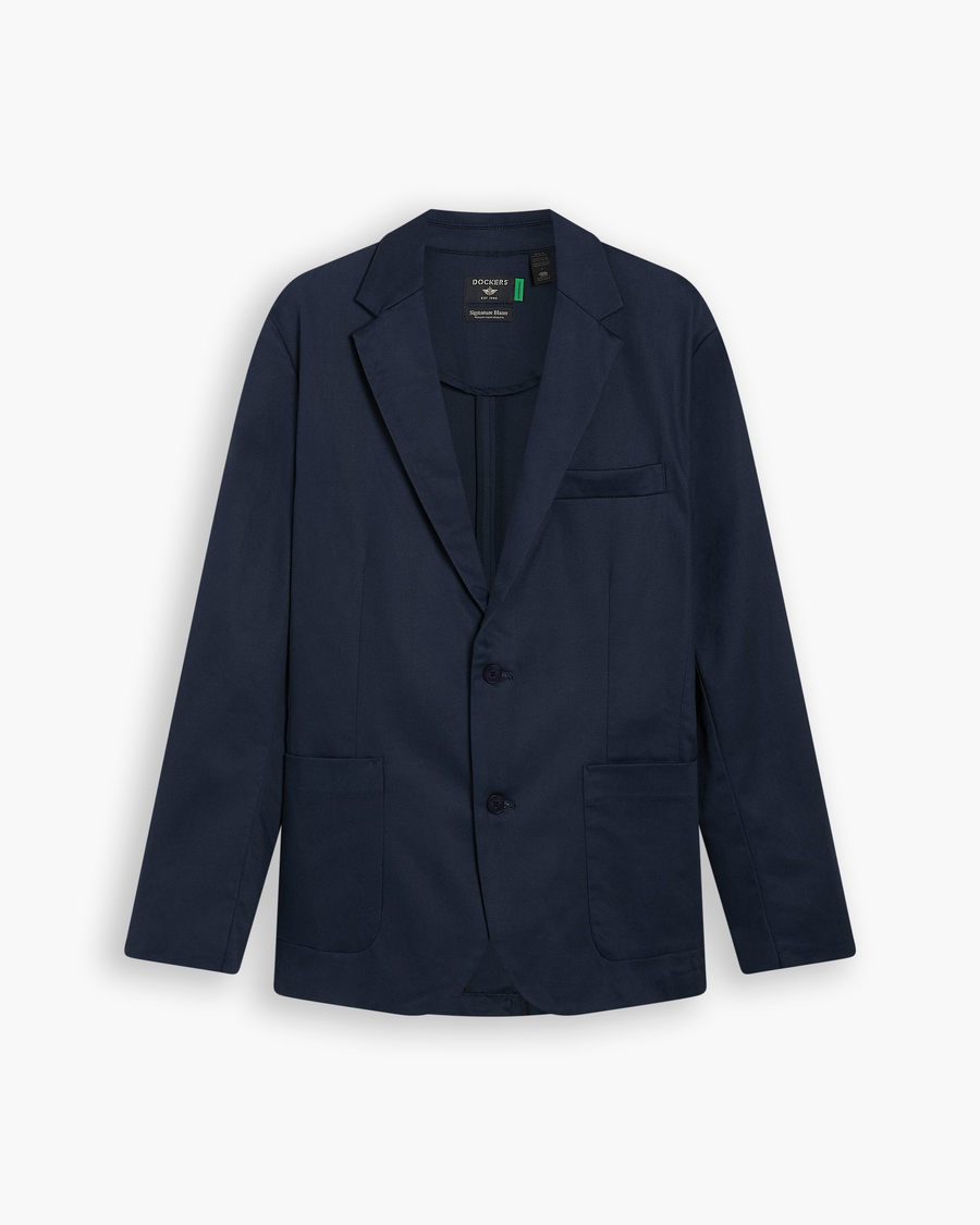 View of model wearing Navy Blazer Signature Refined Blazer, Regular Fit.