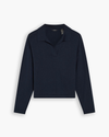 View of model wearing Navy Blazer Sweater Polo, Relaxed Fit.