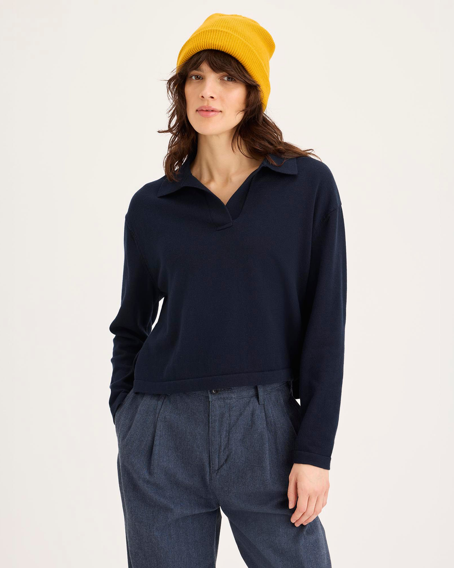 Front view of model wearing Navy Blazer Sweater Polo, Relaxed Fit.