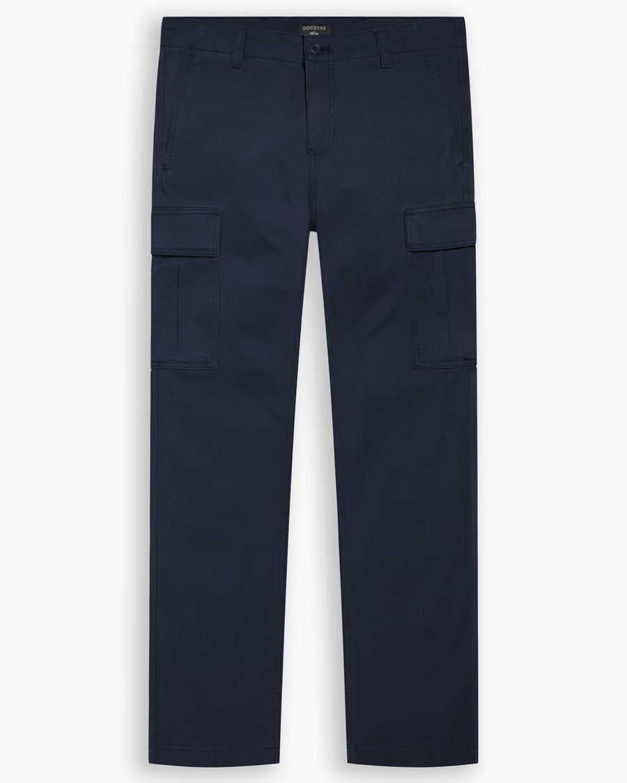 View of model wearing Navy Blazer Utility Cargo Pant, Straight Fit.