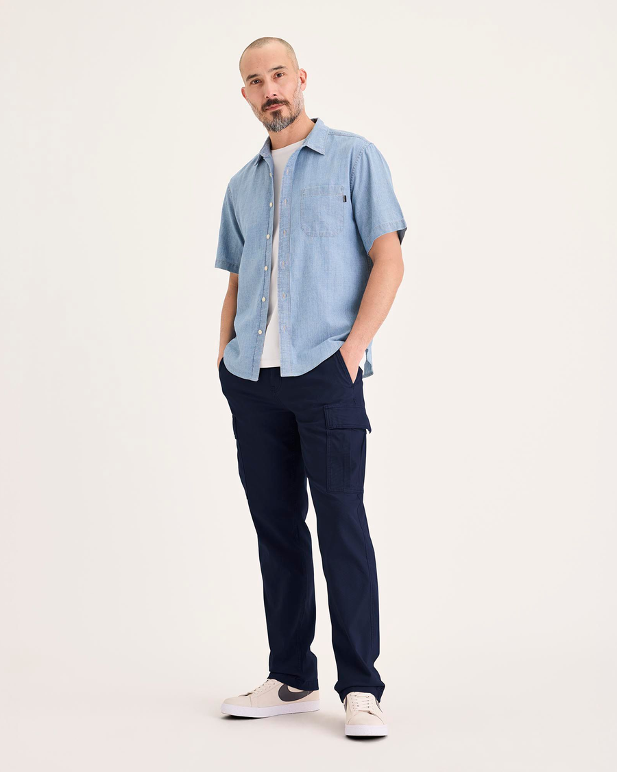 Front view of model wearing Navy Blazer Utility Cargo Pant, Straight Fit.