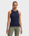 Front view of model wearing Navy Blazer Women's Slim Fit Knit Tank.