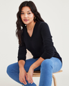 View of model wearing Navy Glory Women's Regular Fit V-Neck Sweater.