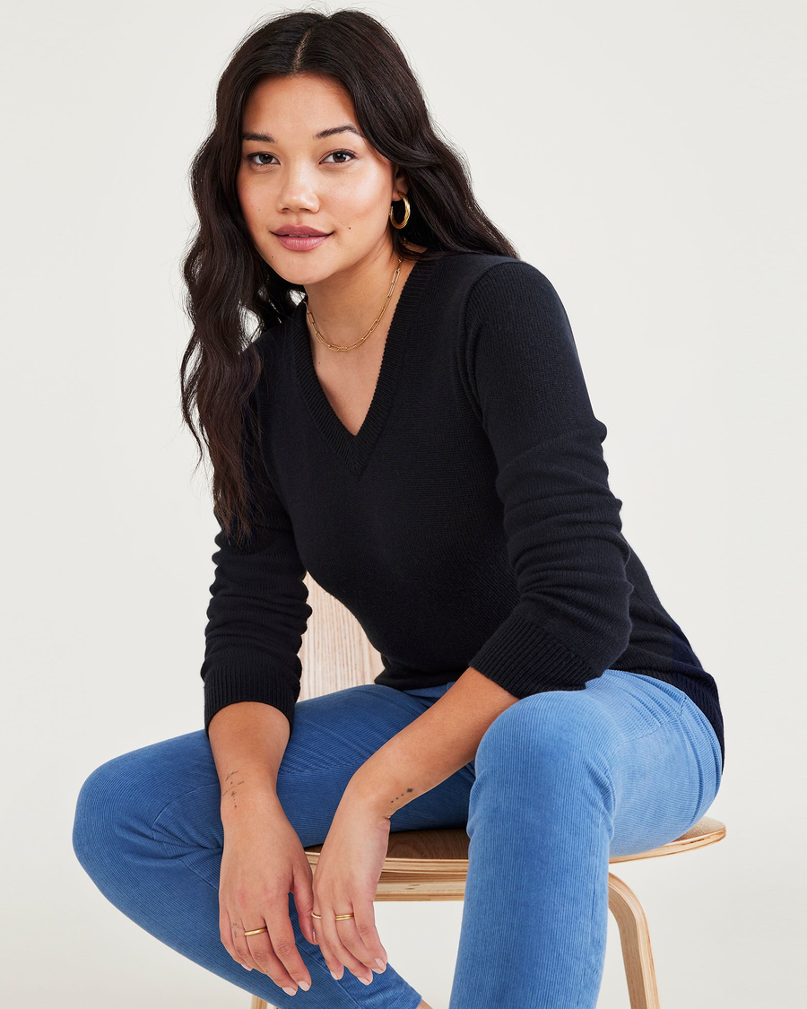 View of model wearing Navy Glory Women's Regular Fit V-Neck Sweater.