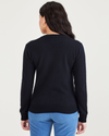 Back view of model wearing Navy Glory Women's Regular Fit V-Neck Sweater.