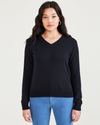 Front view of model wearing Navy Glory Women's Regular Fit V-Neck Sweater.