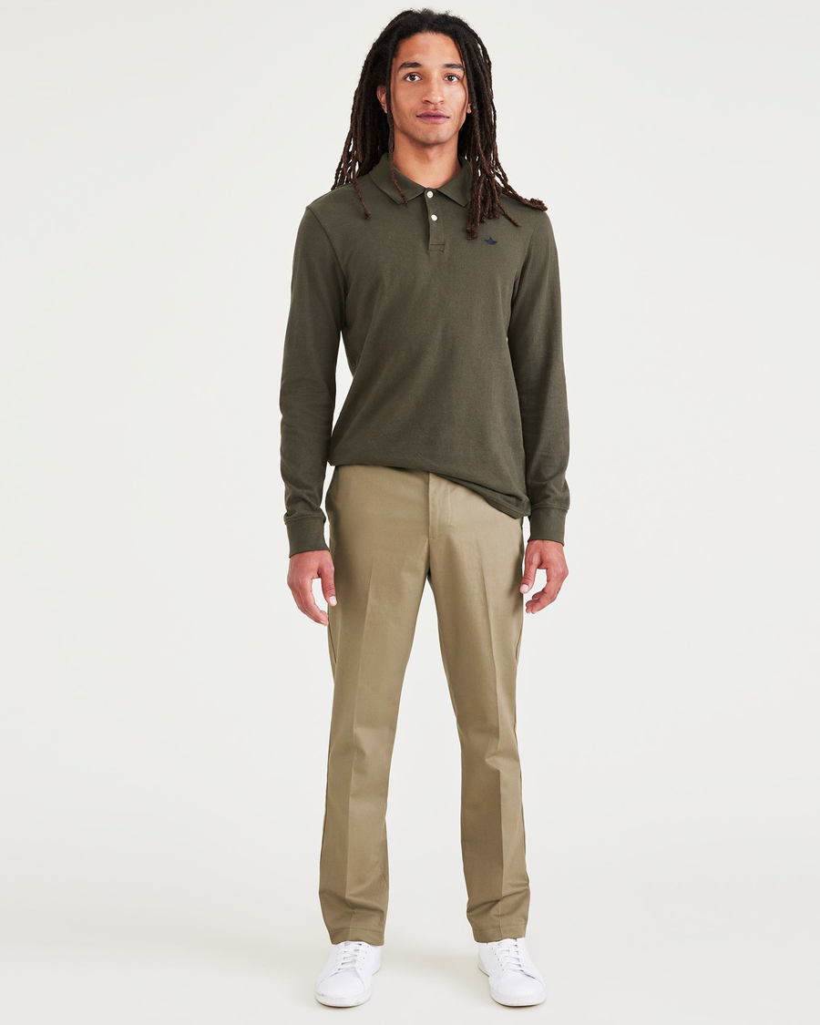 Front view of model wearing New British Khaki Signature Iron Free Khakis, Creased, Slim Fit with Stain Defender®.