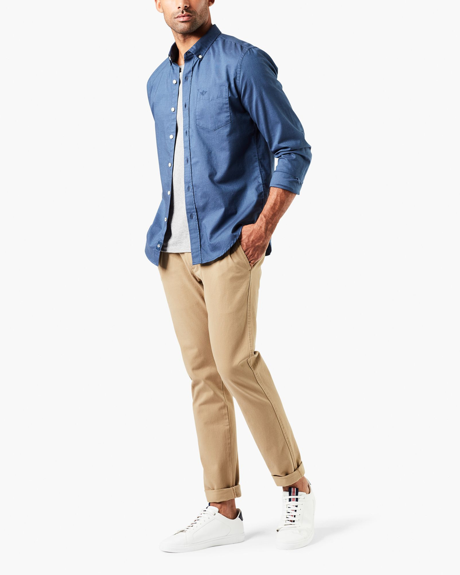 Front view of model wearing New British Khaki Ultimate Chinos, Skinny Fit.