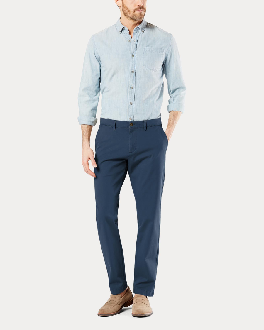 Front view of model wearing Ocean Blue Crafted Khaki Pants, Slim Tapered Fit.