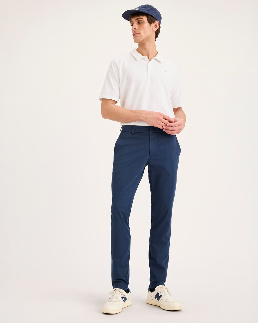 View of model wearing Ocean Blue Go Activeflex Chino, Skinny Fit.