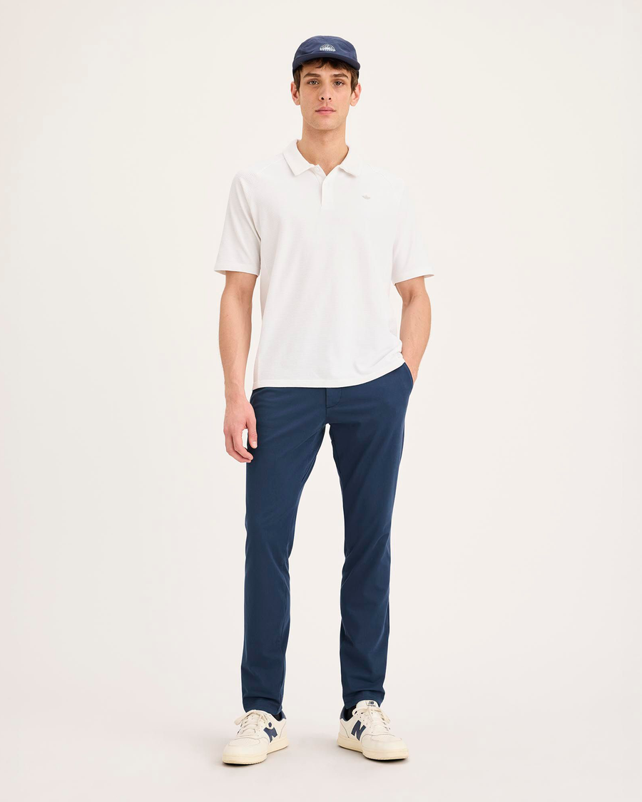 Front view of model wearing Ocean Blue Go Activeflex Chino, Skinny Fit.