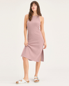 View of model wearing Pale Mauve Rib Knit Tank Dress with Lofi Knit, Slim Fit.