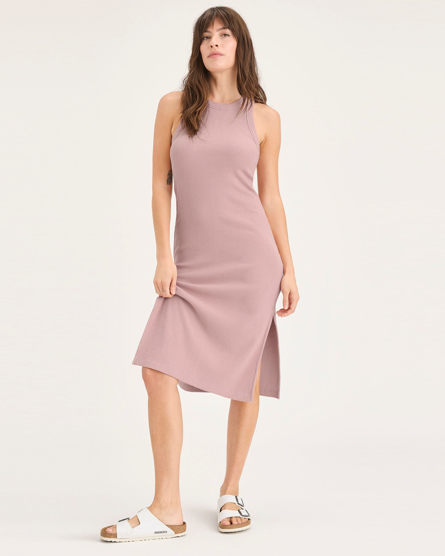 View of model wearing Pale Mauve Rib Knit Tank Dress with Lofi Knit, Slim Fit.