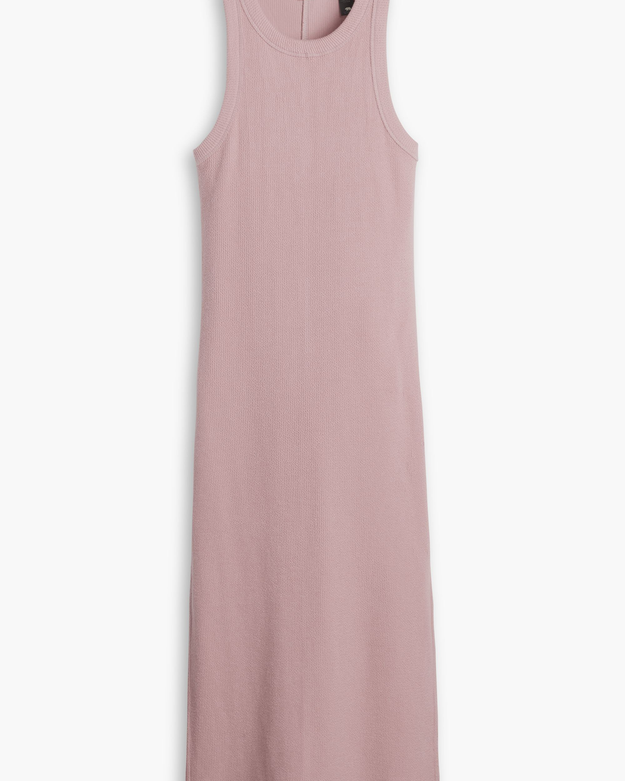 View of model wearing Pale Mauve Rib Knit Tank Dress with Lofi Knit, Slim Fit.