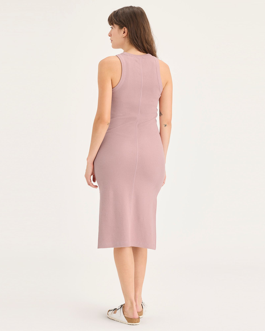 Back view of model wearing Pale Mauve Rib Knit Tank Dress with Lofi Knit, Slim Fit.