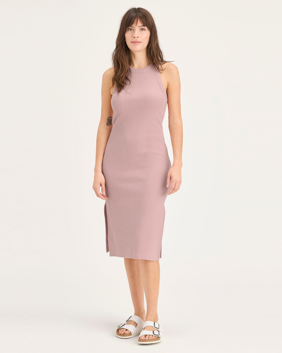 Front view of model wearing Pale Mauve Rib Knit Tank Dress with Lofi Knit, Slim Fit.