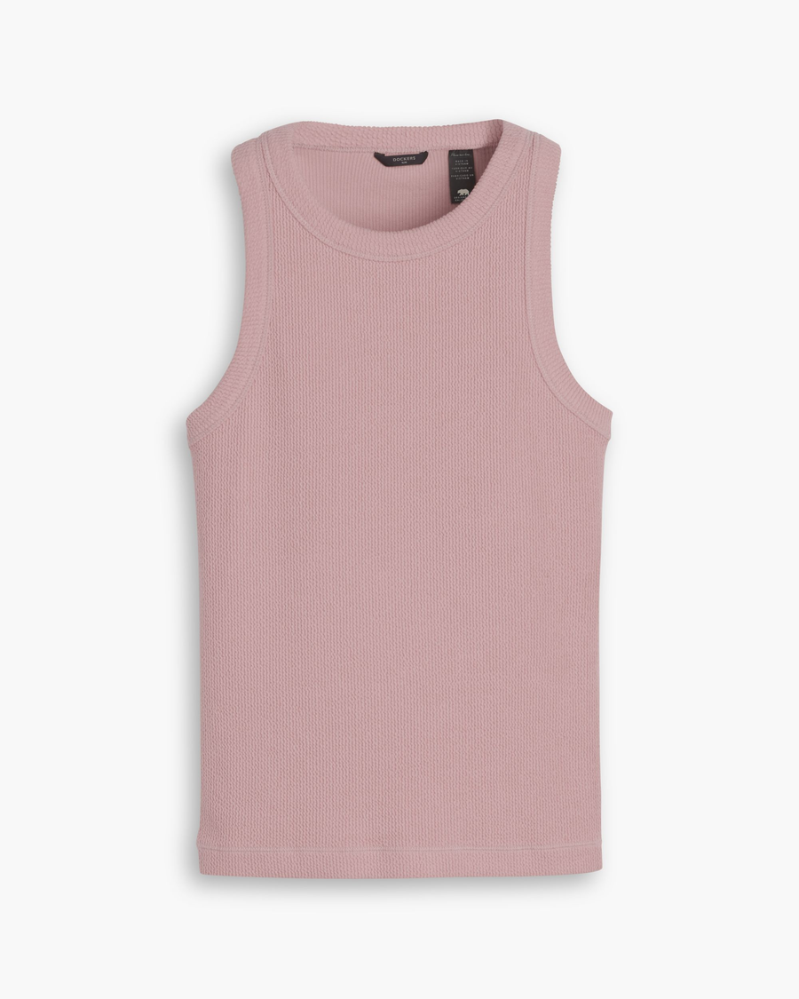 View of model wearing Pale Mauve Rib Tank with Lofi Knit, Slim Fit.