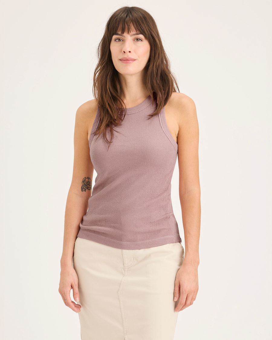 Front view of model wearing Pale Mauve Rib Tank with Lofi Knit, Slim Fit.