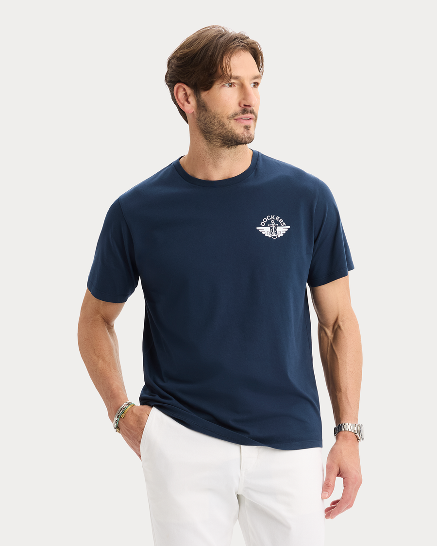 View of model wearing Pembroke Graphic Tee, Regular Fit.