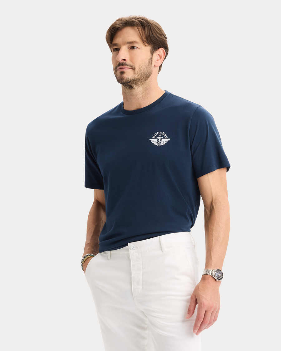 View of model wearing Pembroke Graphic Tee, Regular Fit.