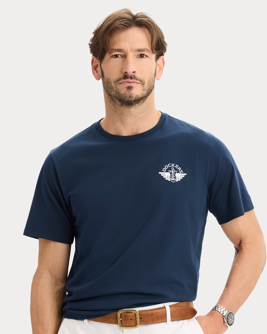 View of model wearing Pembroke Graphic Tee, Regular Fit.